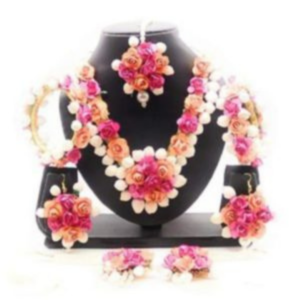 Orange Pink Flower Necklace Set for Haldi Ceremony
