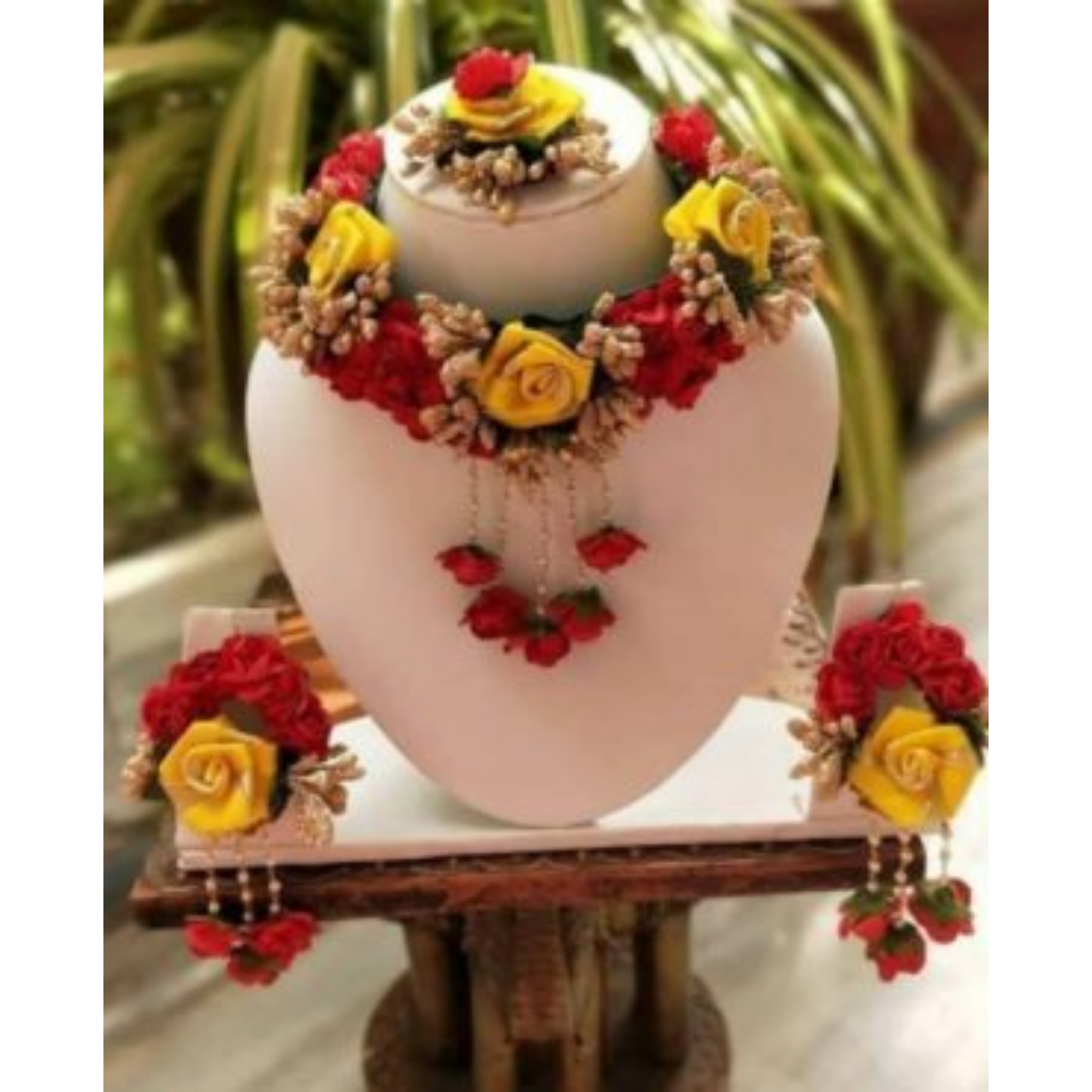 Haldi Mehandi Flower Jewellery Set with Bahubali Earrings and Necklace –  Saubhagyavati.in