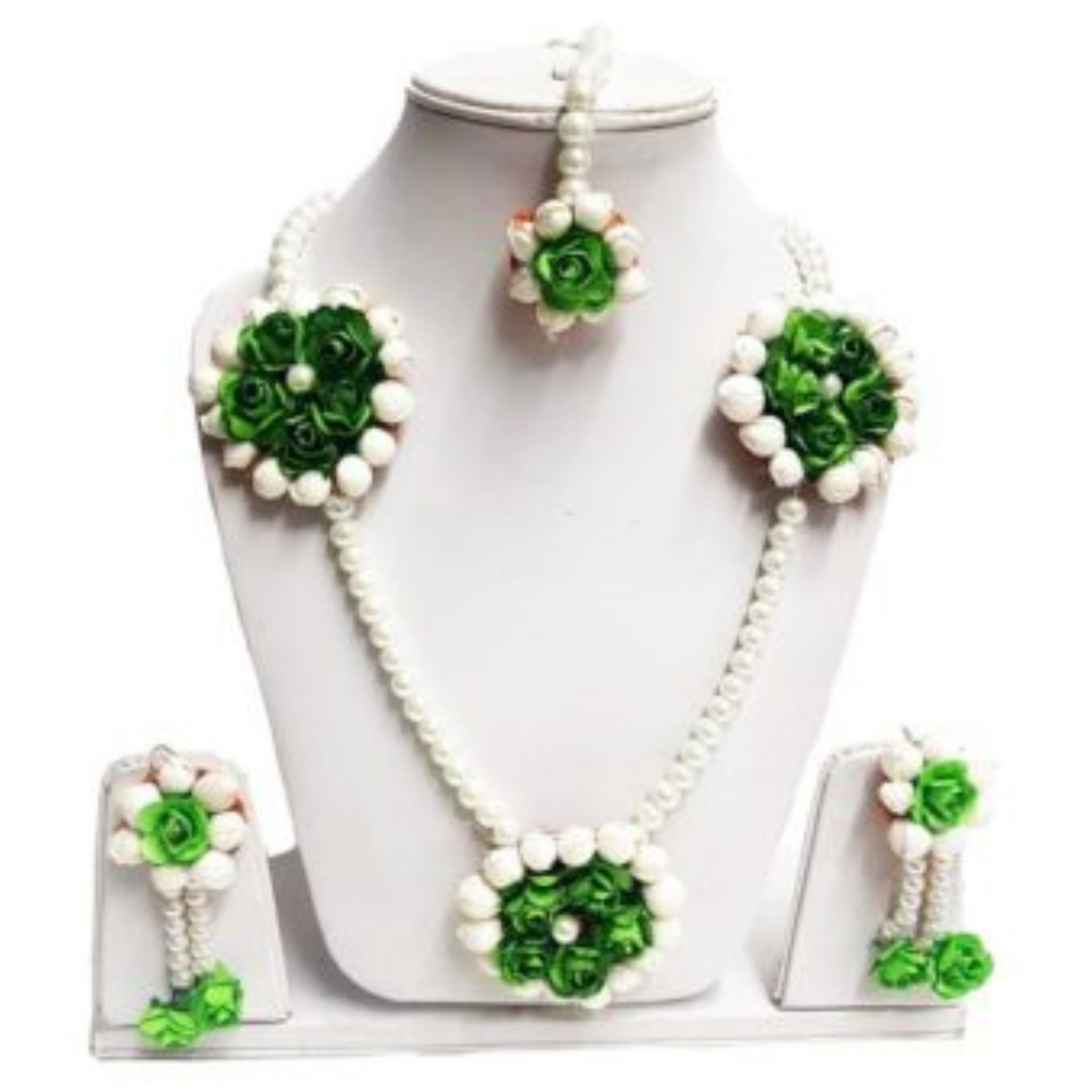 Gold Plated Green Flower Kundan Pearl Necklace With Earring Traditional  Jewellery Set For Women - Mad Club - 3745587