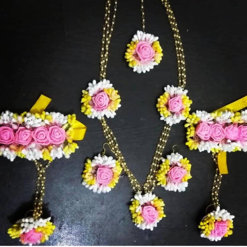 Pink and Yellow Floral Haldi Mehandi Wedding Bridal Necklace