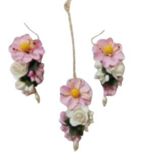 Pink Flower Earrings Mangtika Set for Haldi Ceremony