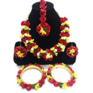 Red and Yellow Flower Necklace Set for Haldi Ceremony