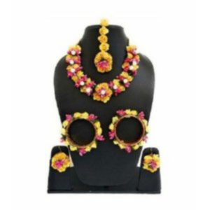 Yellow and pink Flower Necklace Set for Haldi Ceremony