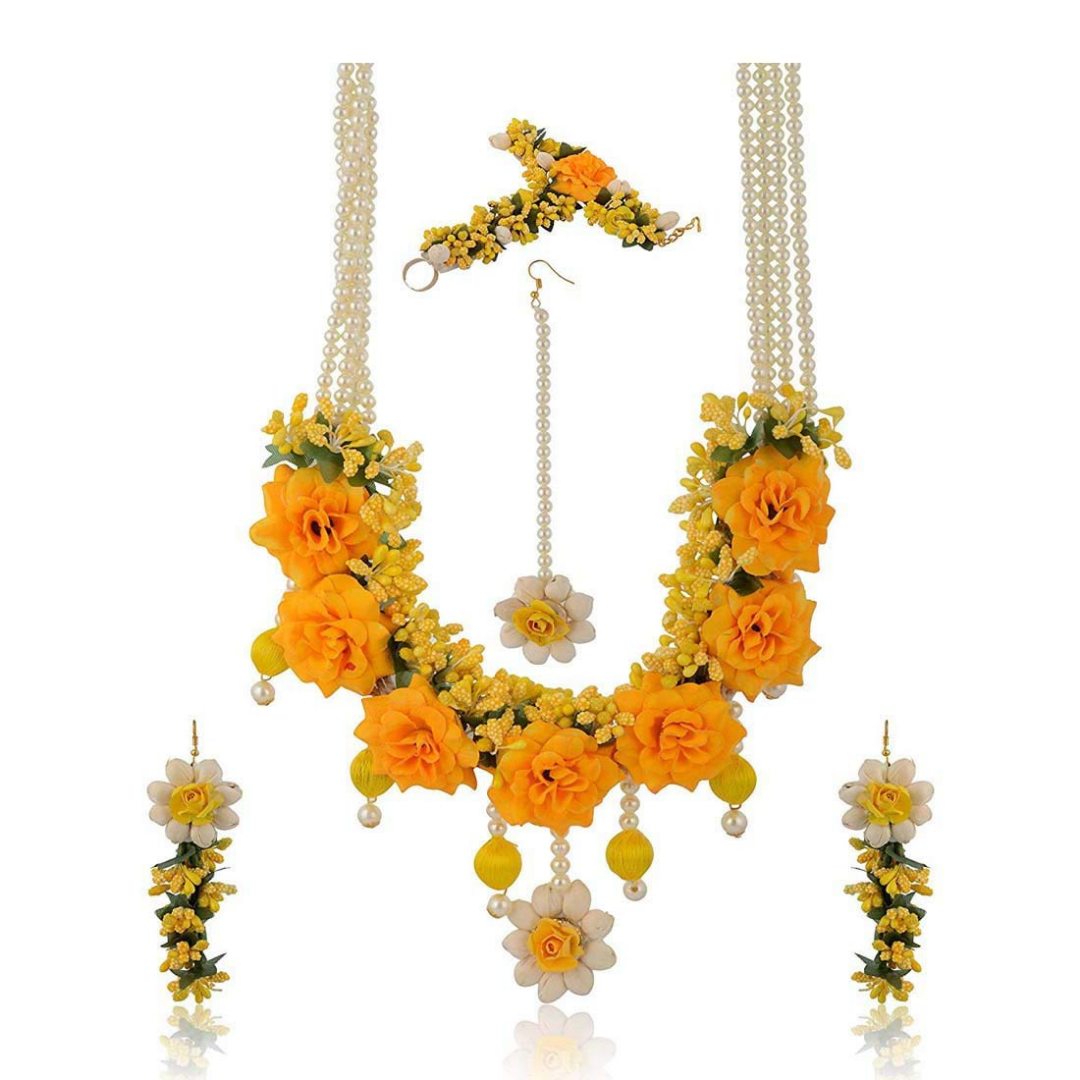 Mustard Yellow Flower Necklace Set for Haldi Ceremony | Floral ...